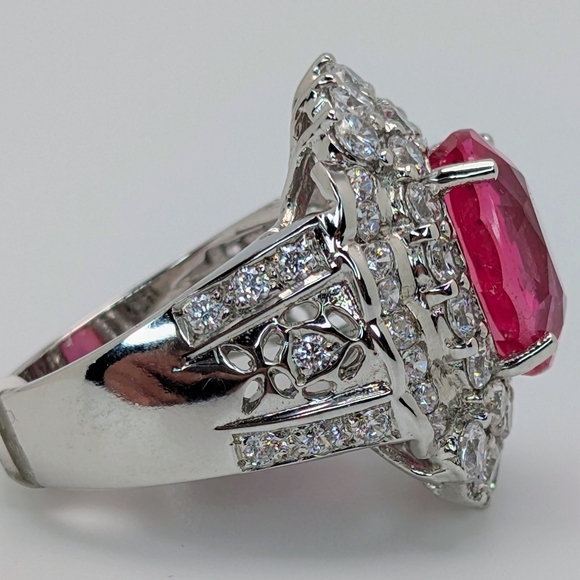 Pink Sapphire & White Topaz 24k White Gold Over S925 Sterling Silver Size 6 1/2 - Picture 4 of 6